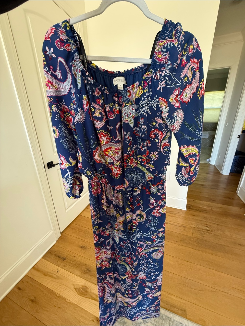 Bisou Bisou Navy Paisley Off-Shoulder Maxi Dress